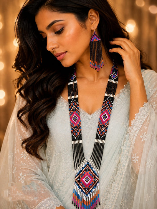 Light Weight Jet Black & Multicolor Moti Long Necklace Set with Matching Earrings