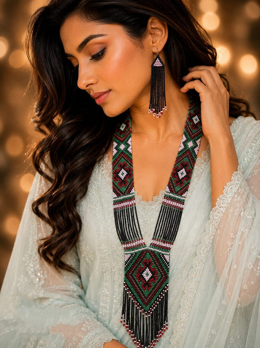 Light Weight Forest Green, Maroon Red & Black Moti Long Necklace Set with Matching Earrings