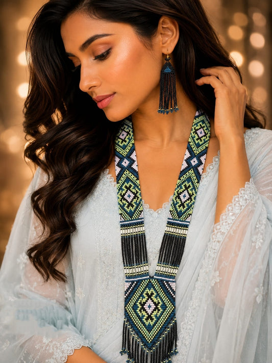 Light Weight Navy Blue, Lime Green & Pastel Lavender Moti Long Necklace Set with Matching Earrings