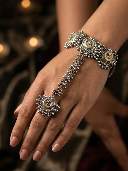 Beautiful Oxidised Silver-Look Crescent Haathphool with Ghungroo & Ring Detail