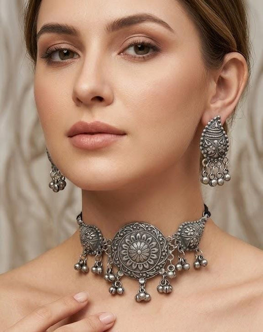 Beautiful Oxidised Silver-Look Tribal Mandala Choker Necklace & Earring Set with Ghungroo Drops