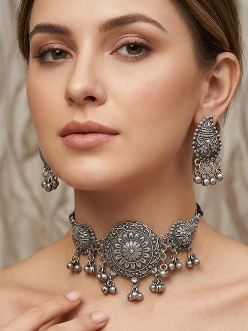 Beautiful Oxidised Silver-Look Tribal Mandala Choker Necklace & Earring Set with Ghungroo Drops