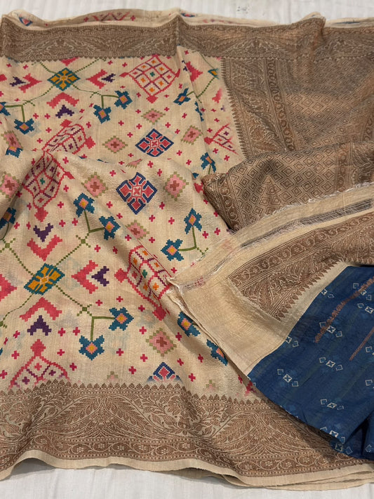 Pure Tussar Silk Handloom Banarasi Saree in Beige with Patola Digital Mandala Print & Copper Zari Border