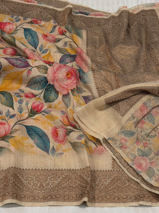Pure Tussar Silk Handloom Banarasi Saree in Cream with Patola Rose Floral Digital Mandala Print & Copper Zari Border