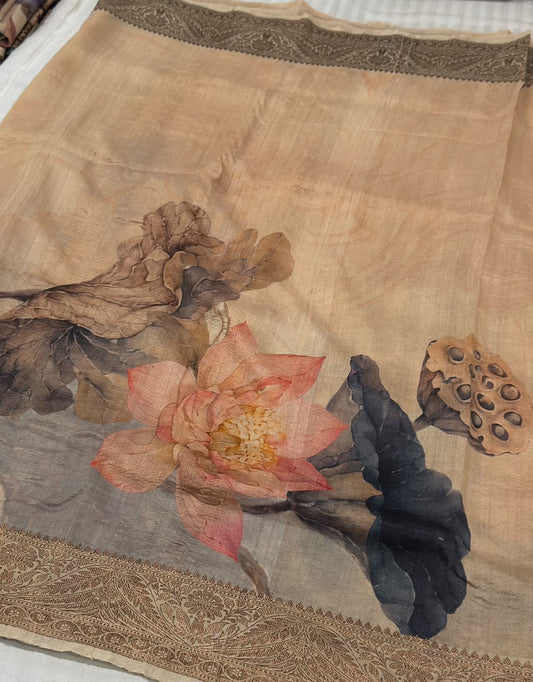 Pure Tussar Silk Handloom Banarasi Saree in Beige with Lotus & Pod Digital Print & Copper Zari