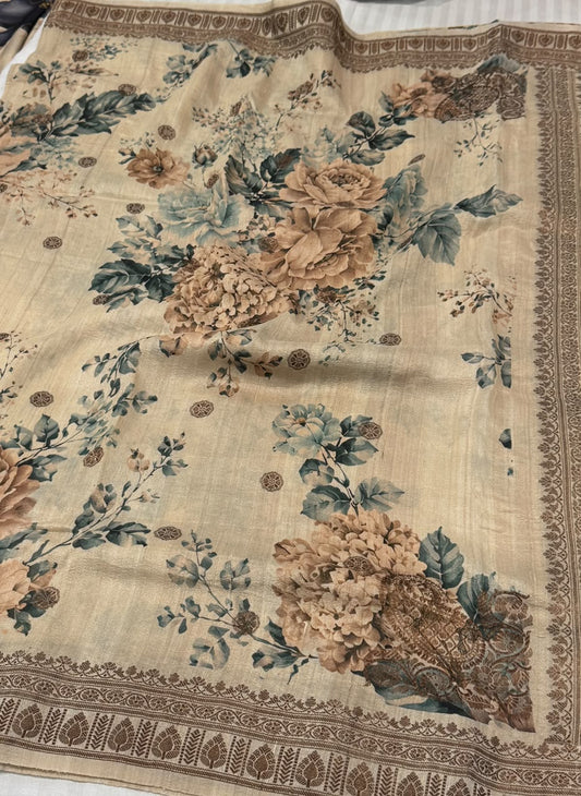 Pure Tussar Silk Handloom Banarasi Saree in Cream/Beige with Vintage Floral Print & Copper Zari Border