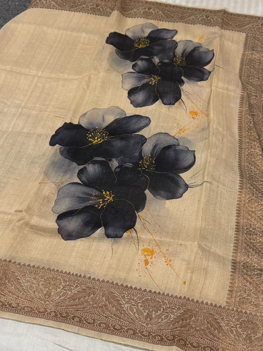 Pure Tussar Silk Handloom Banarasi Saree in Beige with Charcoal Grey-Black  Floral Digital Print & Copper Zari Border