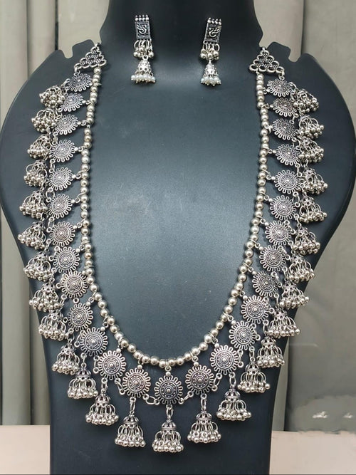 Beautiful Oxidised Silver Long Necklace with Jhumki Motifs & Matching Earrings