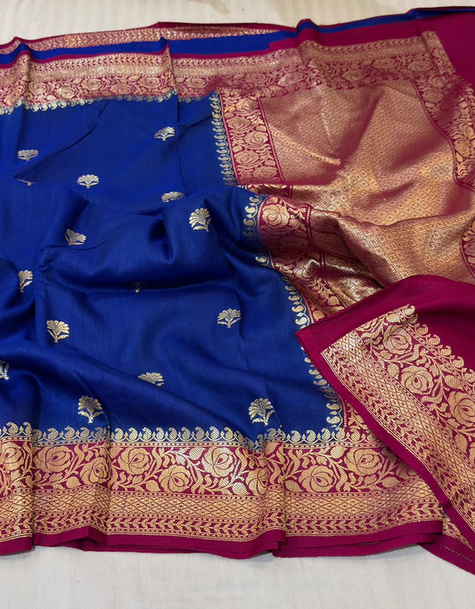 Banarasi Tussar Georgette Saree – Royal Blue & Magenta Contrast with Antique Gold Zari Border