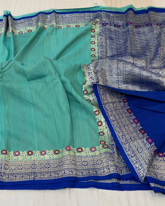 Banarasi Tussar Georgette Saree Sea Green & Royal Blue with  Zari Woven Border