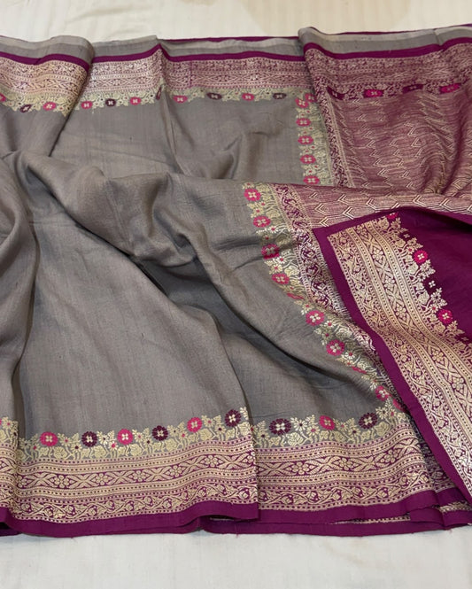Banarasi Tussar Georgette Saree – Slate Grey & Magenta Contrast with Silver Zari & Meenakari Border