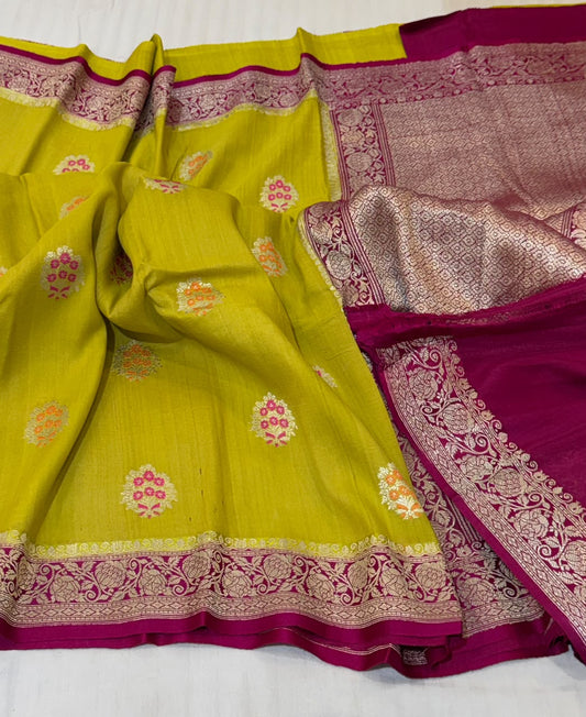 Banarasi Tussar Georgette Saree – Mustard Yellow & Magenta Contrast with  Border