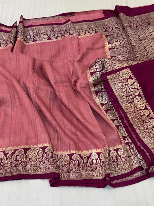 Banarasi Tussar Georgette Saree – Dusty Rose Pink & Wine Purple Contrast with Gold Zari Floral Border