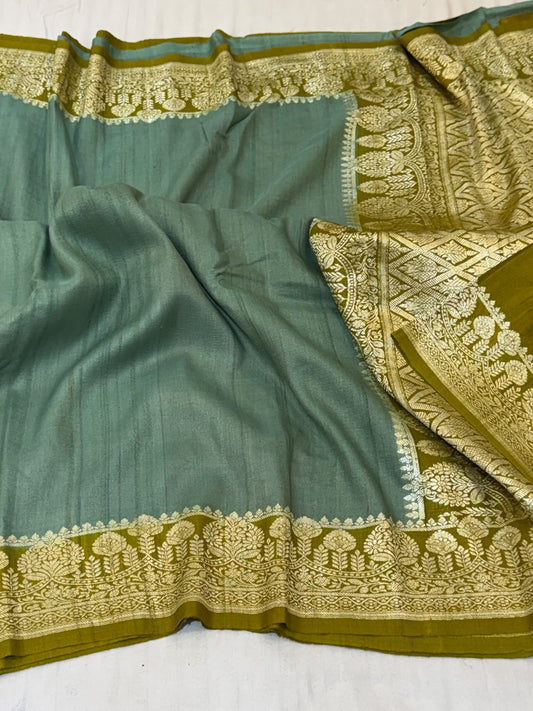 Banarasi Tussar Georgette Saree – Sea Green & Olive Gold Contrast with Zari Floral Border