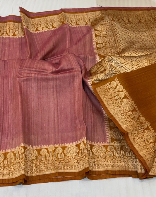 Banarasi Tussar Georgette Saree – Old Rose & Rust Gold Contrast with Antique Zari Floral Border