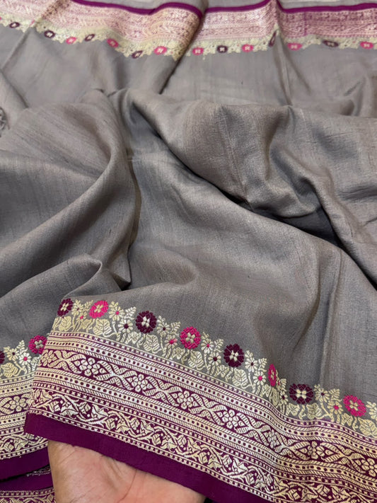 Banarasi Tussar Georgette Saree – Silver Grey & Magenta Border
