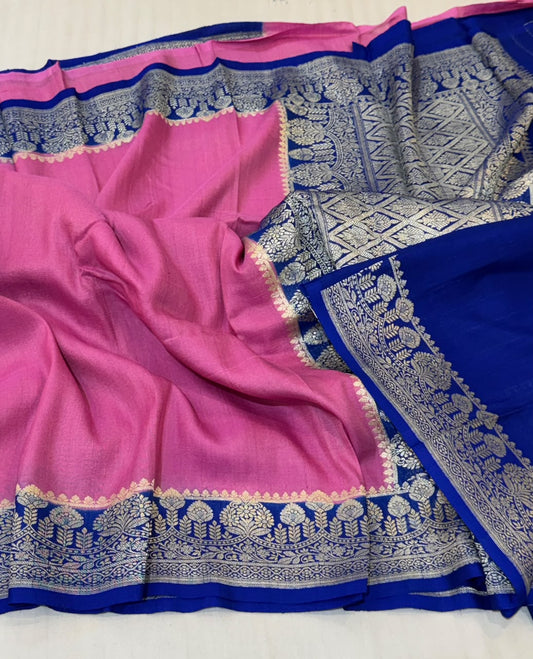 Banarasi Tussar Georgette Saree –Rose Pink & Royal Blue Contrast with Silver Zari Floral Border