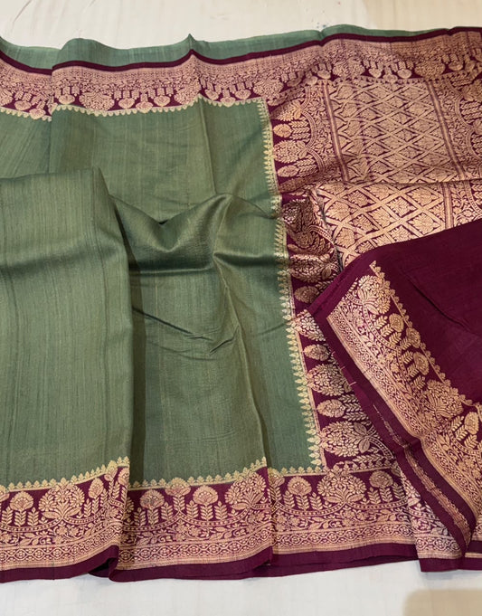 Banarasi Tussar Georgette Saree – Sea Green & Deep Wine Contrast with Gold Zari Floral Border