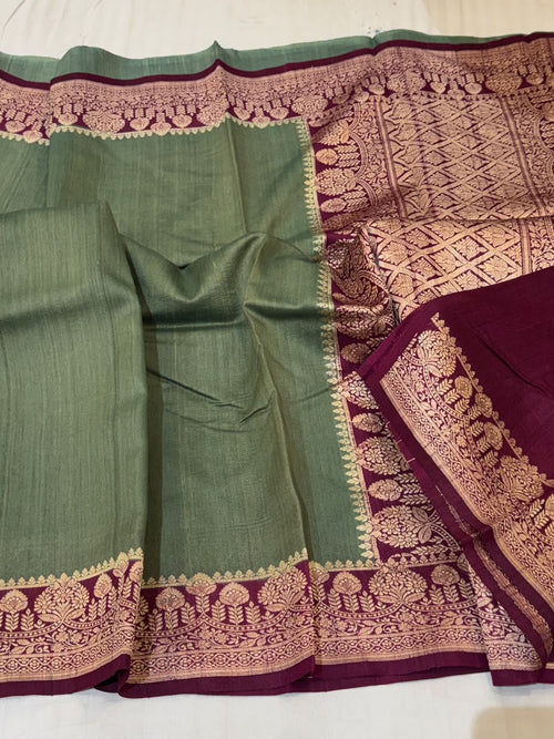 Banarasi Tussar Georgette Saree – Sea Green & Deep Wine Contrast with Gold Zari Floral Border