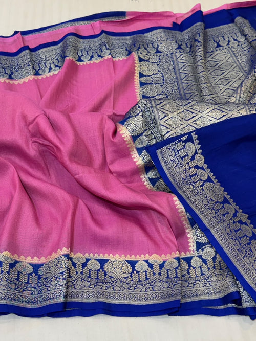 Banarasi Tussar Georgette Saree –Rose Pink & Royal Blue Contrast with Silver Zari Floral Border