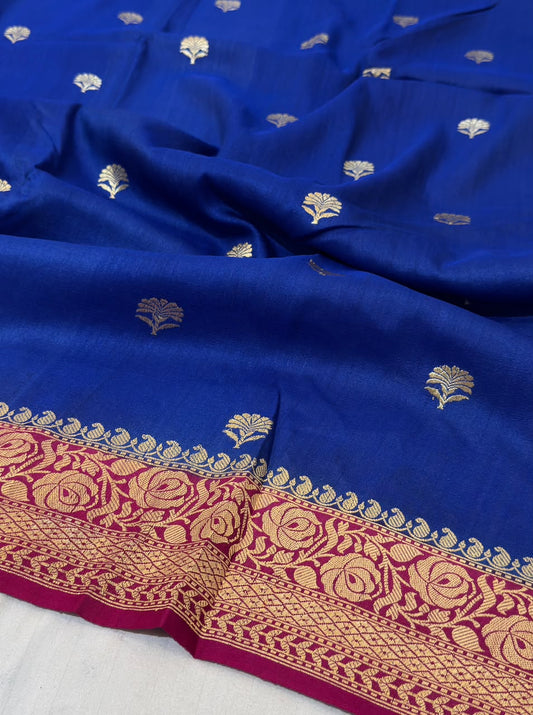 Banarasi Tussar Georgette Saree – Royal Blue & Magenta Contrast with Antique Gold Zari Floral Border