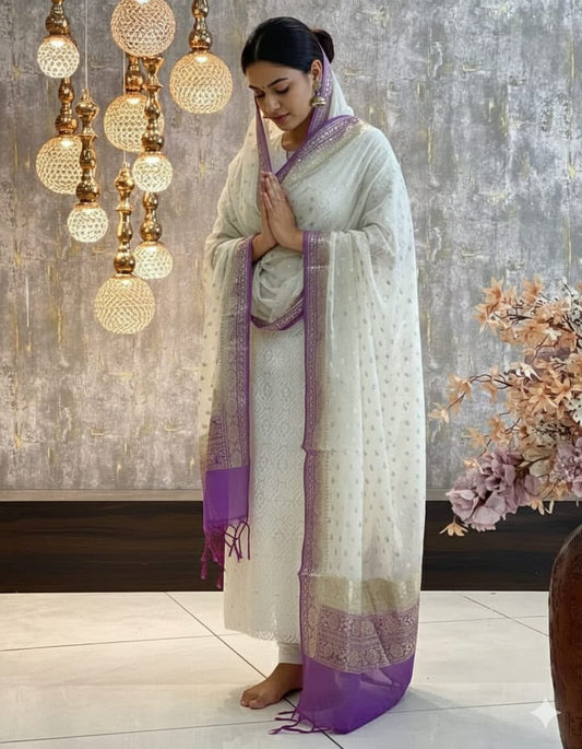 Exclusive Banarasi Mercerised Unstitched Salwar Kameez – White & Purple Border Resham Weaving with Lurex Dupatta
