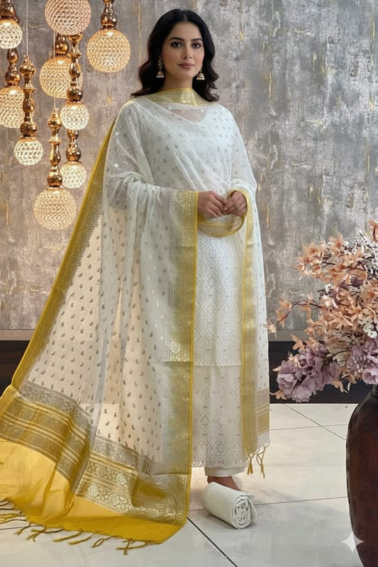 Exclusive Banarasi Mercerised Unstitched Salwar kameez – Off-White & yellow border Resham Weaving with Golden Lurex Dupatta