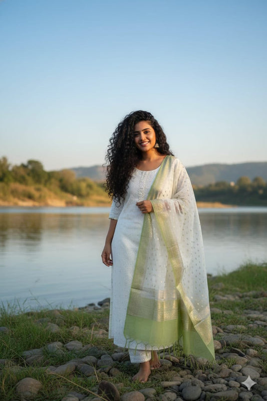 Exclusive Banarasi Mercerised Unstitched Salwar Kameez– Off-White & Olive Green Border Resham Weaving with Lurex Dupatta