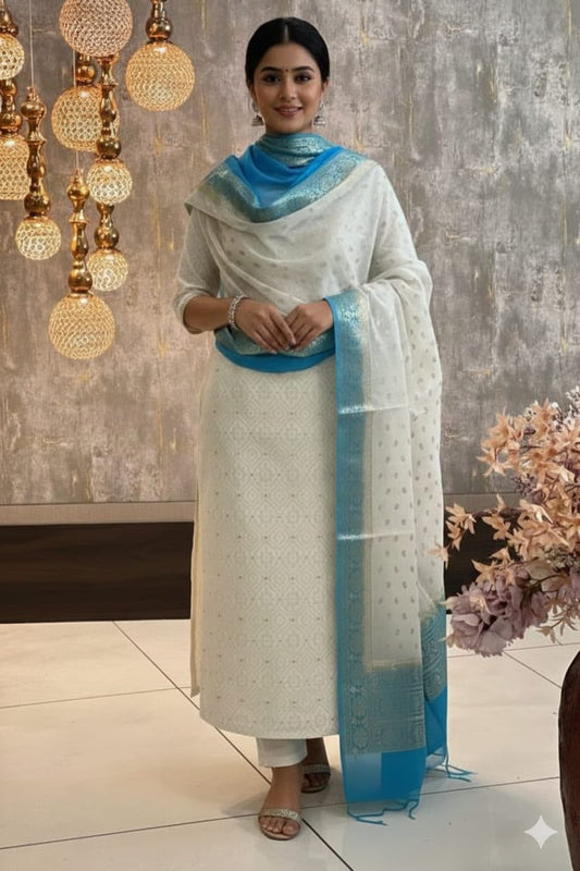 Exclusive Banarasi Mercerised Unstitched Salwar kameez– Off-White & Sky Blue Border Resham Weaving with Lurex Dupatta