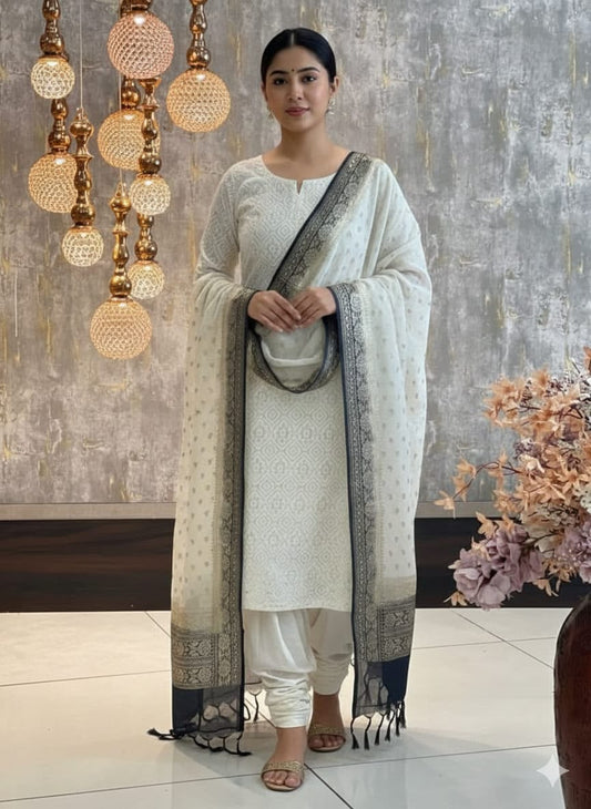 Exclusive Banarasi Mercerised Unstitched Salwar Kameez – Off-White & BlackBorder Resham Weaving with Lurex Dupatta