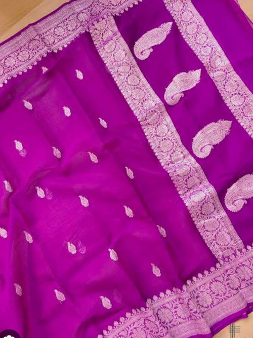 Handloom Banarasi Pure Khaddi Chiffon Saree – Deep Magenta Purple with Silver Zari Paisley Motifs Border