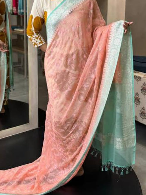 Handloom Banarasi Pure Khaddi Chiffon Saree – Pastel Peach & Mint Green Contrast with Border