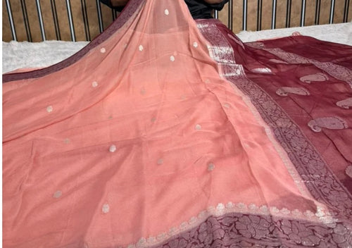 Handloom Banarasi Pure Khaddi Chiffon Saree – Blush Peach & Deep Maroon Dual-Tone Contrast with Silver Zari Border