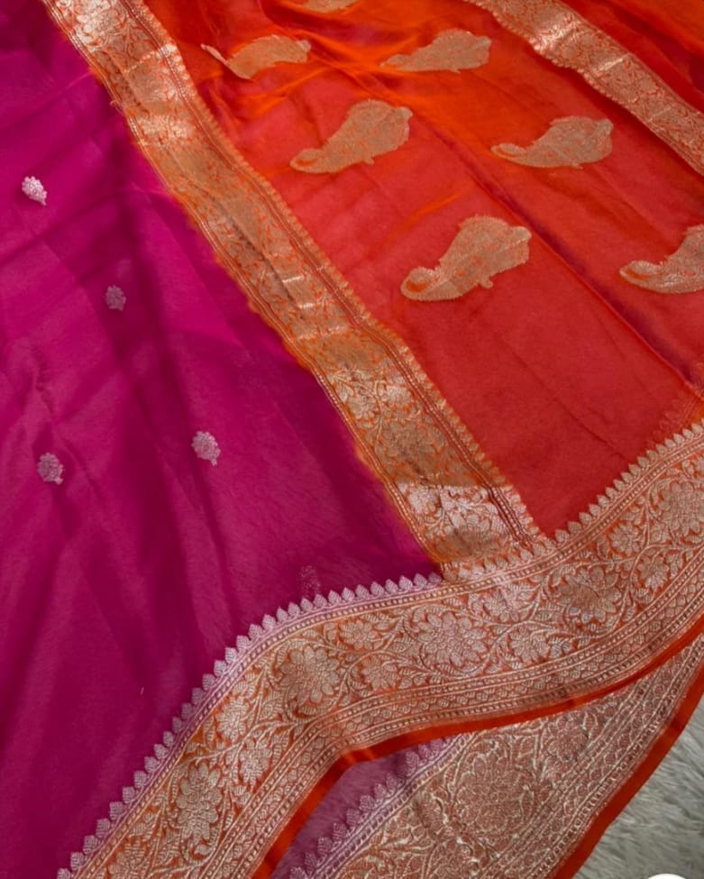 Banarasi Handloom Pure Khaddi Chiffon Saree in Dual-Tone Pink & Orange with Silver Zari