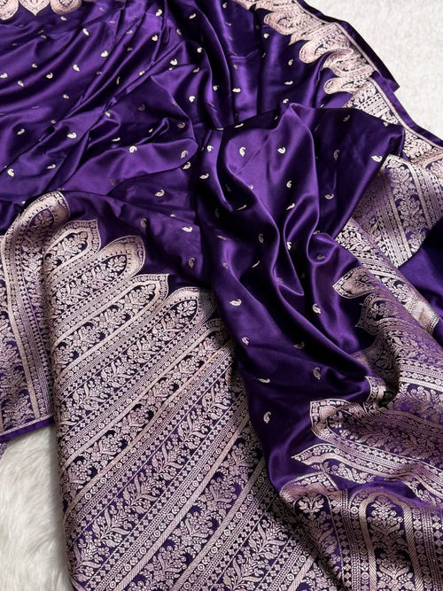 Traditional Banarasi Premium Mashru Silk Saree – Deep Purple Buti Pattern with Elegant Floral Banarasi Border