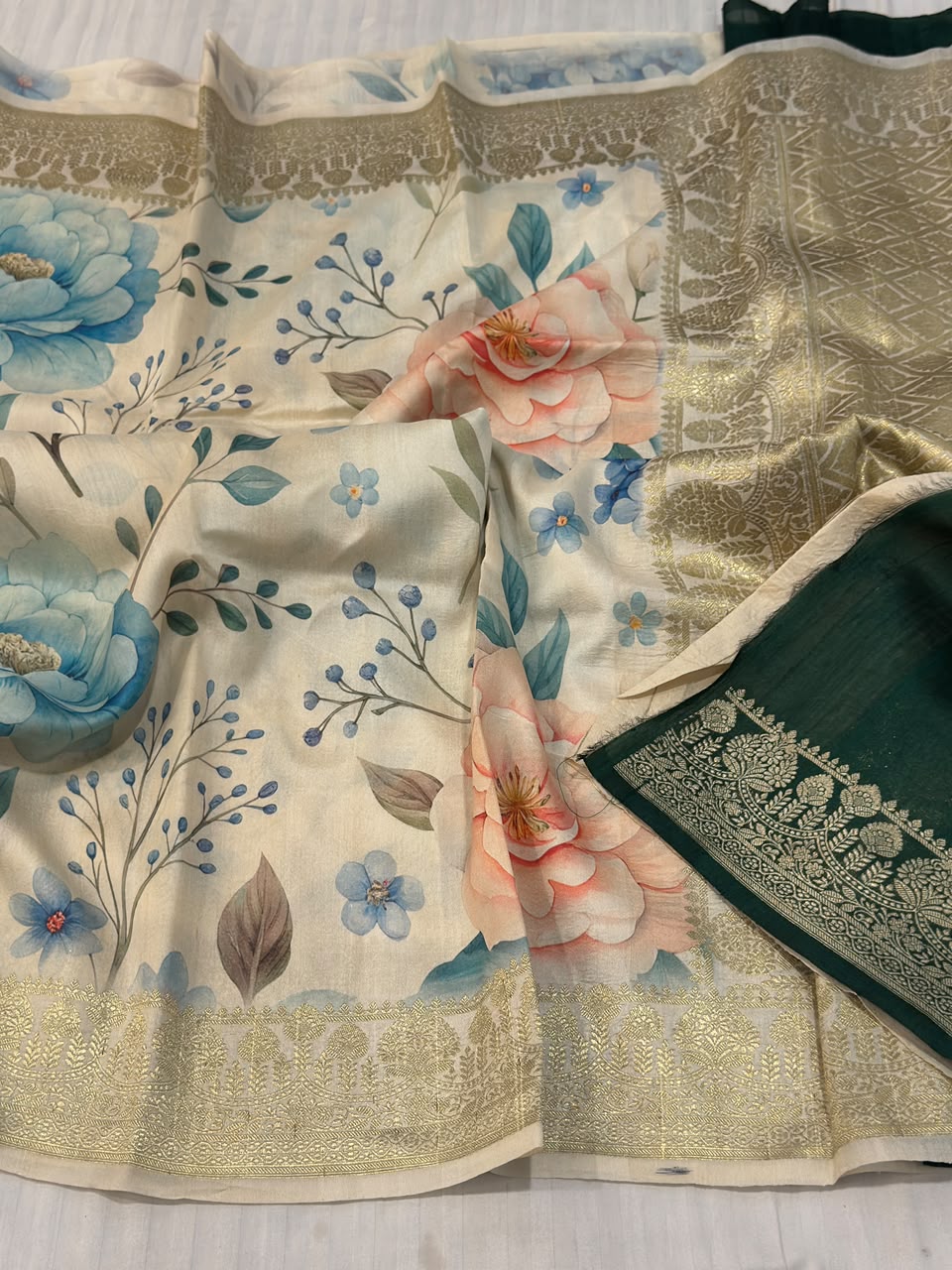Banarasi Tussar Saree with Floral Digital Print & Rich Zari Brocade in Cream & Emerald Green