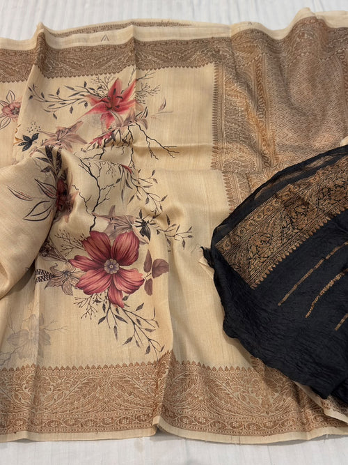 Banarasi Tussar  Saree with Floral Digital Print & Rich Copper Zari Brocade in Beige & Black