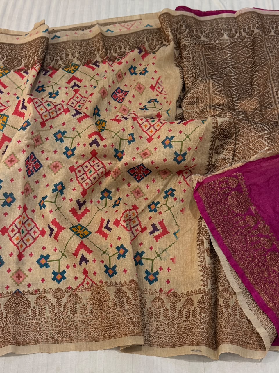 Banarasi Tussar Saree with Patola Geometric Digital Print & Copper Zari Brocade in Beige & Magenta Pink