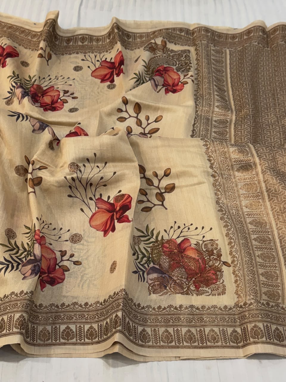 Banarasi Tussar Saree with Floral Digital Print & Rich Copper Zari Brocade in Beige & Terracotta Red