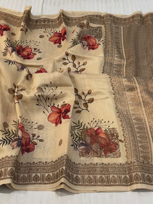 Banarasi Tussar Saree with Floral Digital Print & Rich Copper Zari Brocade in Beige & Terracotta Red