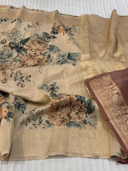 Banarasi Tussar Saree with Floral Digital Print & Rich Copper Zari Brocade in Beige & Soft Maroon