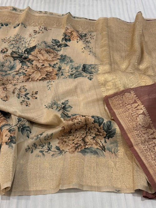 Banarasi Tussar Saree with Floral Digital Print & Rich Copper Zari Brocade in Beige & Soft Maroon