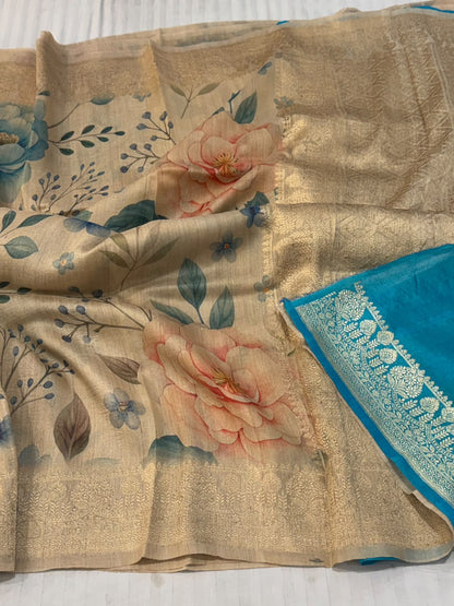 Banarasi Tussar Saree with Floral Digital Print & Rich Copper Zari Brocade in Beige & Peacock Blue