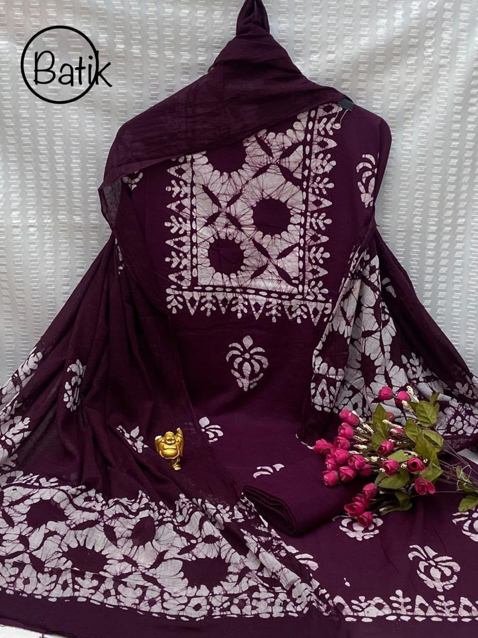 Elegant Dark Maroon Cotton Batik Print Dress Material with Heavy Cotton Dupatta