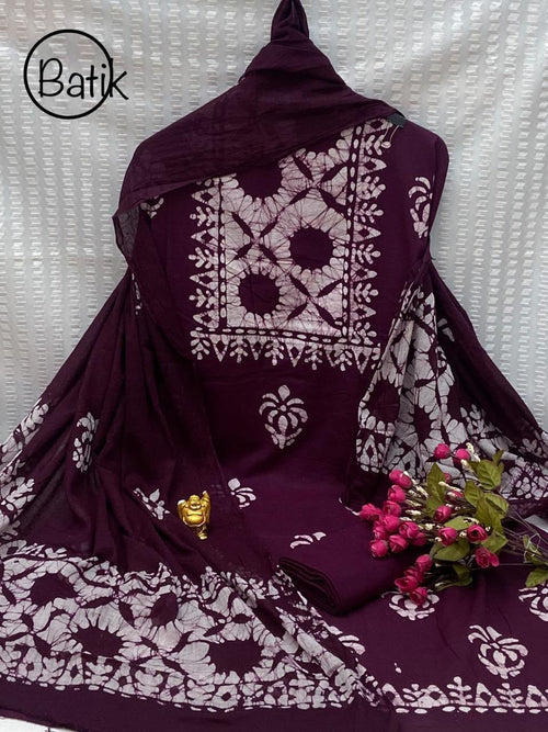 Elegant Dark Maroon Cotton Batik Print Dress Material with Heavy Cotton Dupatta