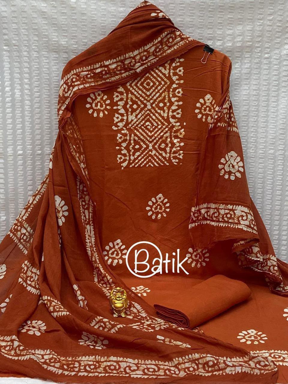 Elegant Rust Brown Cotton Batik Print Dress Material with Heavy Cotton Dupatta
