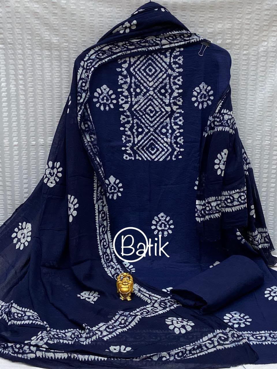 Elegant Navy Blue Cotton Batik Print Dress Material with Heavy Cotton Dupatta