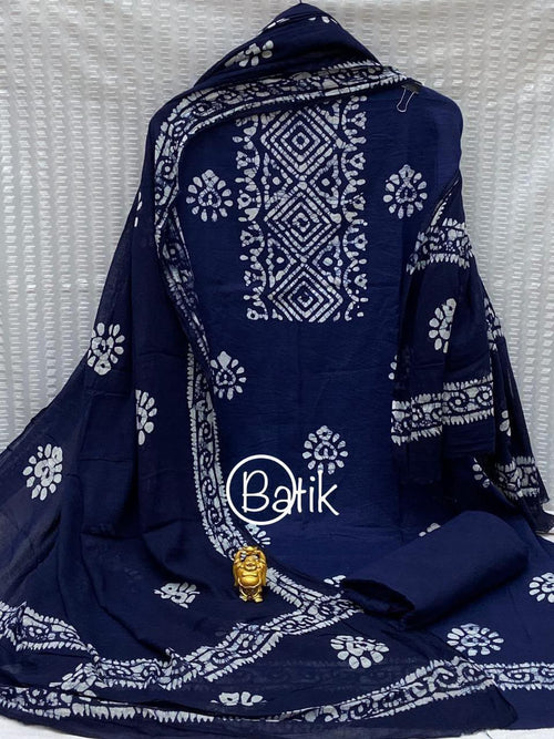Elegant Navy Blue Cotton Batik Print Dress Material with Heavy Cotton Dupatta