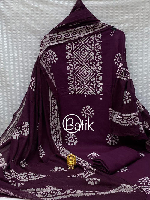 Elegant Dark Purple Cotton Batik Print Dress Material with Heavy Cotton Dupatta