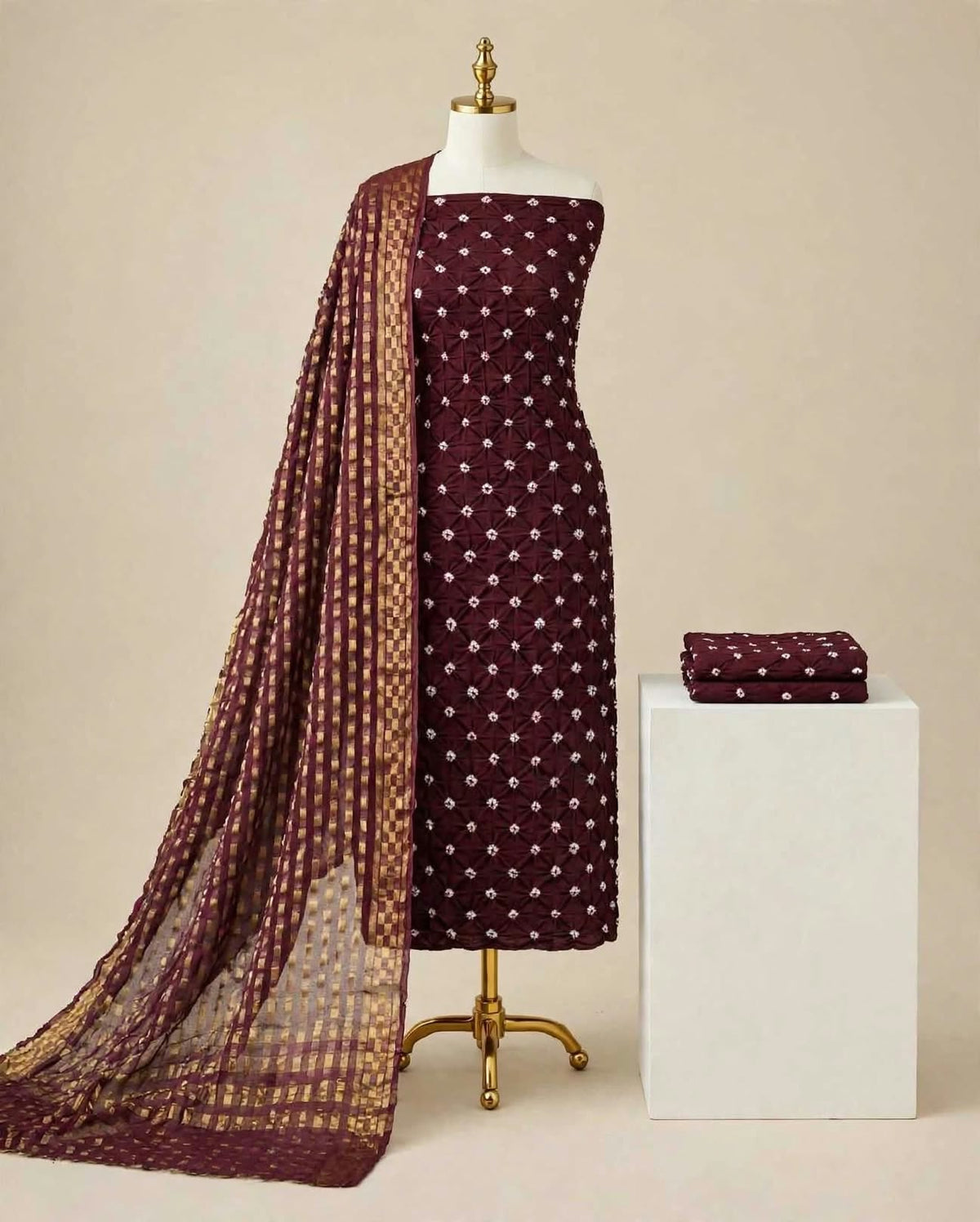 Traditional Maroon Bandhani Cotton Unstitched Suit Material with Zari Print Dupatta